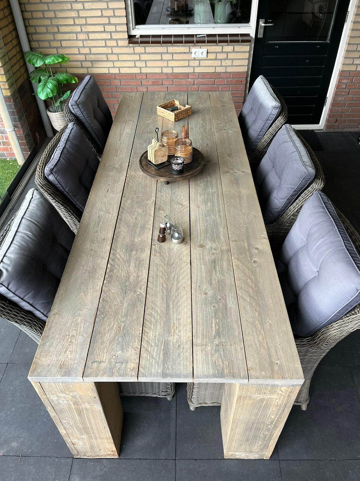 Steigerhouten tafel 2.65mtr, Ophalen, 100 tot 150 cm, 200 cm of meer, Vijf personen of meer