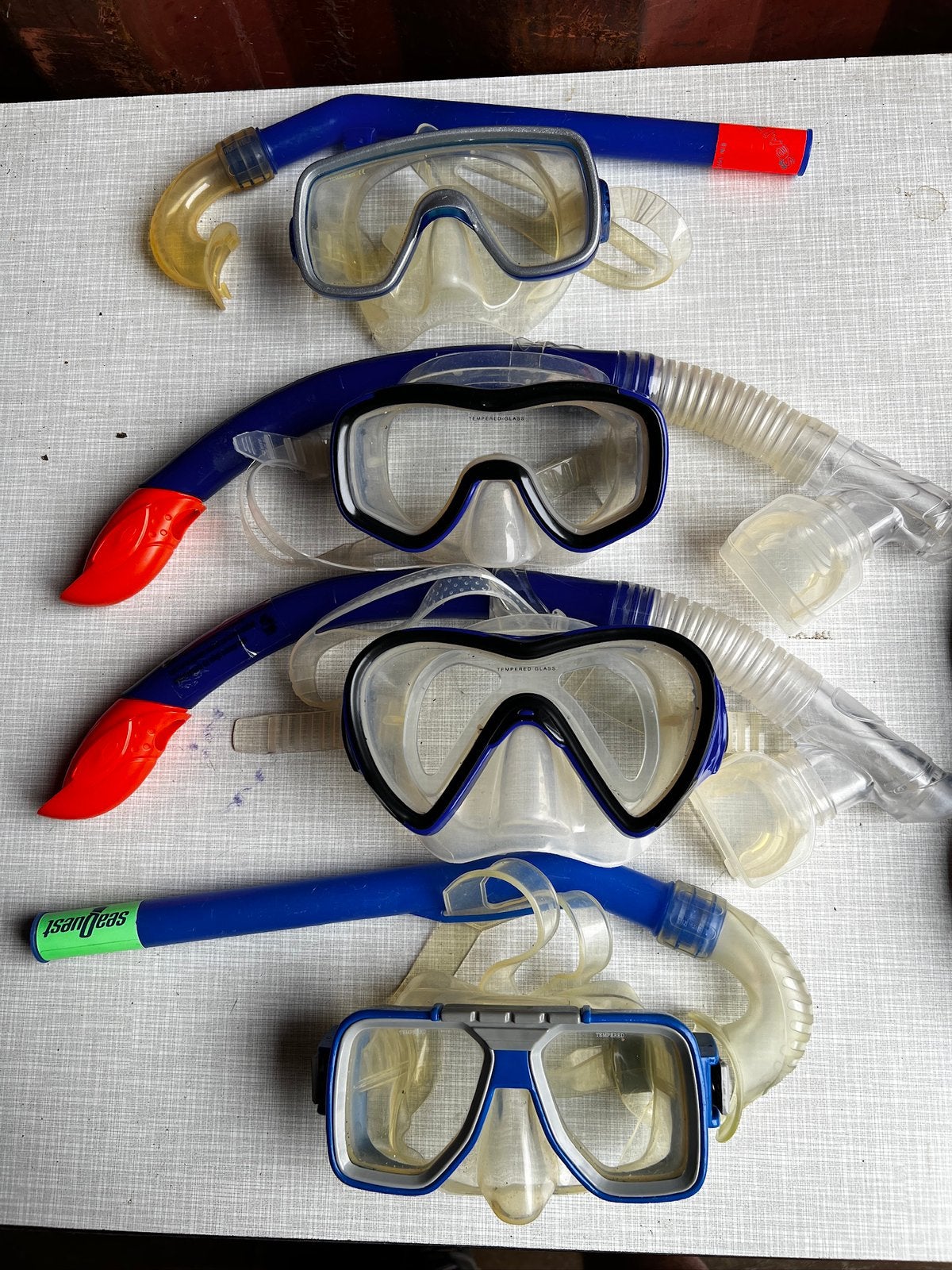 4 Duikbrillen en een paar waterschoenen., Ophalen of Verzenden, Zo goed als nieuw, Snorkel