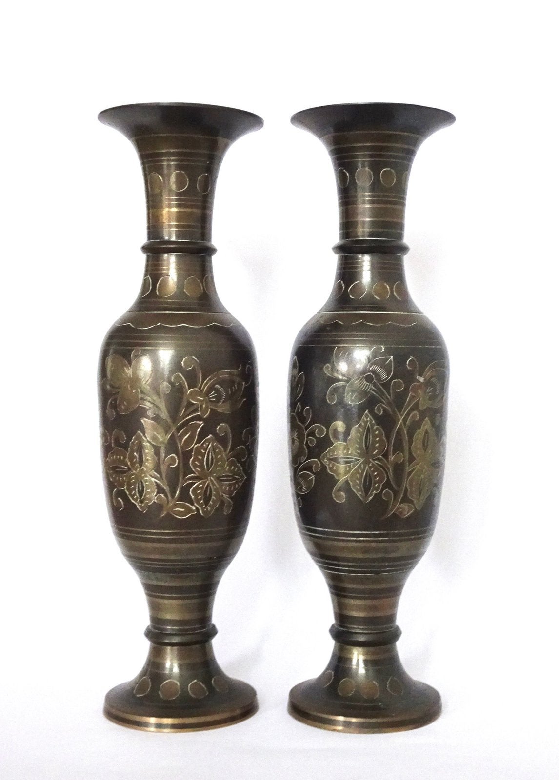 XL Grote vintage 70s messing vazen vaas x2 goud bloemen boho, Verzenden