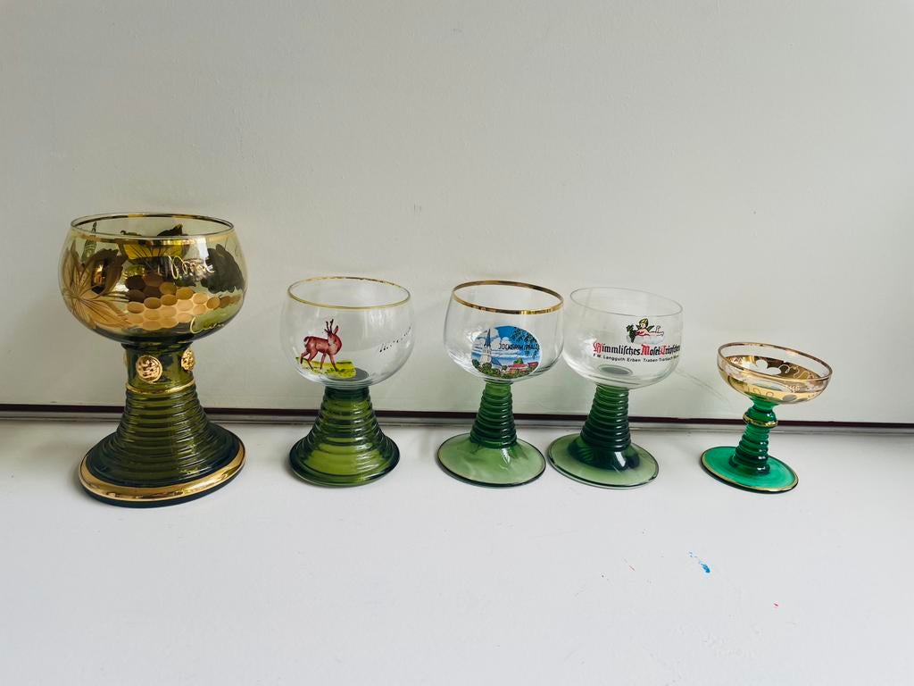 Vintage 5 Moezel wijn glazen, Glas of Glazen, Ophalen of Verzenden, Overige stijlen, Glas