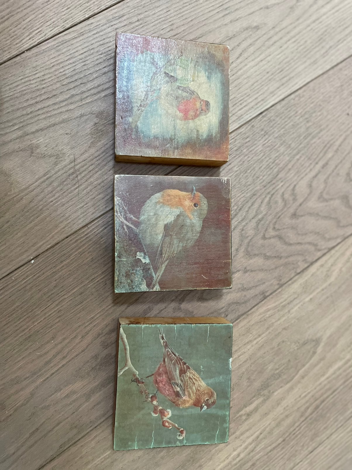 Set van 3 houten decoratieblokjes met vintage vogels, Antiek en Kunst, Ophalen of Verzenden