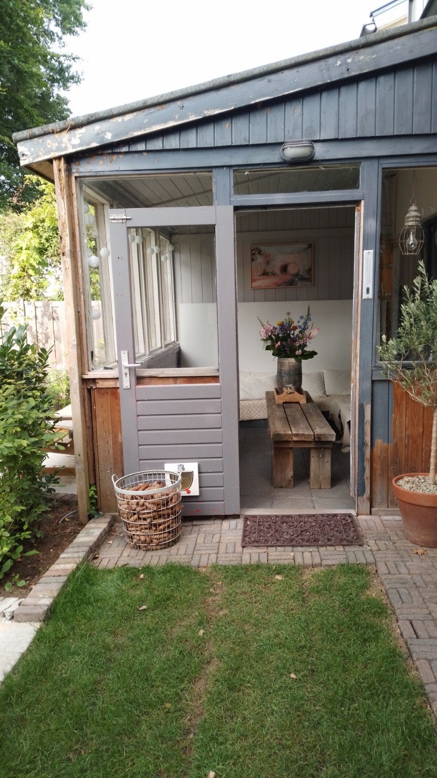 Stoere steigerhouten bank voor binnen/buiten, Ophalen, Gebruikt, Landelijk, Stoer, Minder dan 75 cm