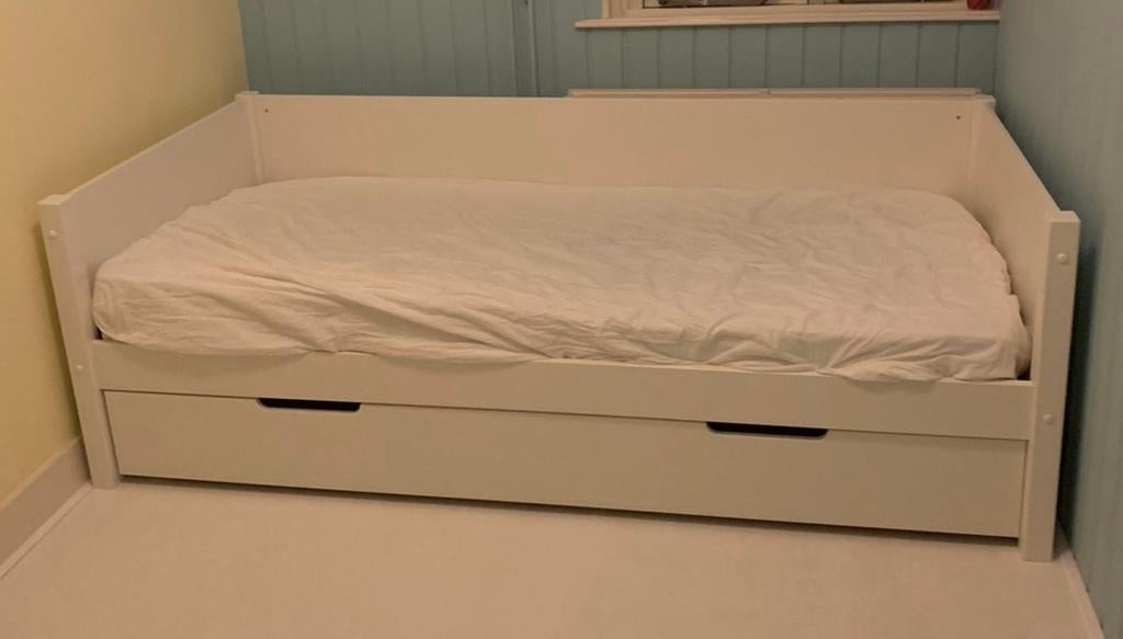 Houten tienerbedbank met lade en pocketveringmatras, Ophalen, Gebruikt, 90 cm, Eenpersoons