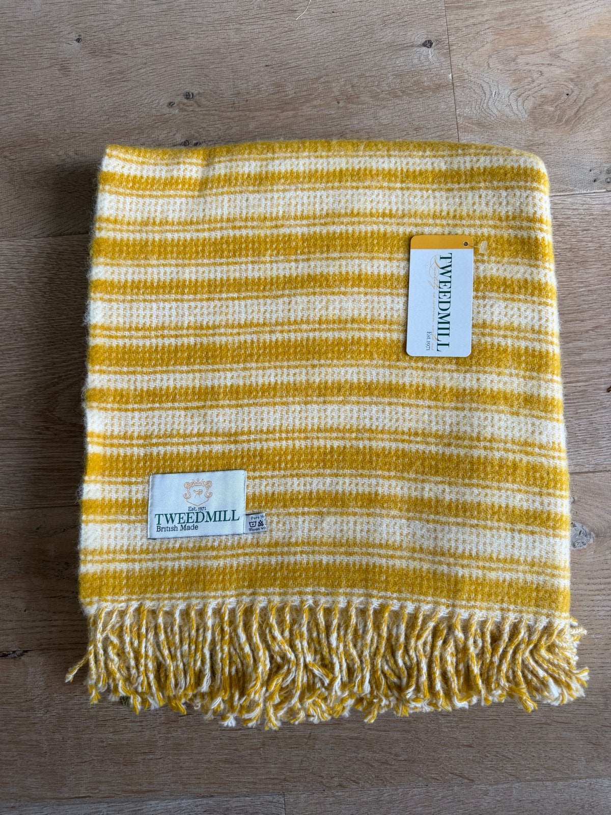 Tweedmill Okergeel Gestreepte Wollen Deken 150x183 cm, Wol, Met franjes/kwastjes, Nieuw, Plaid