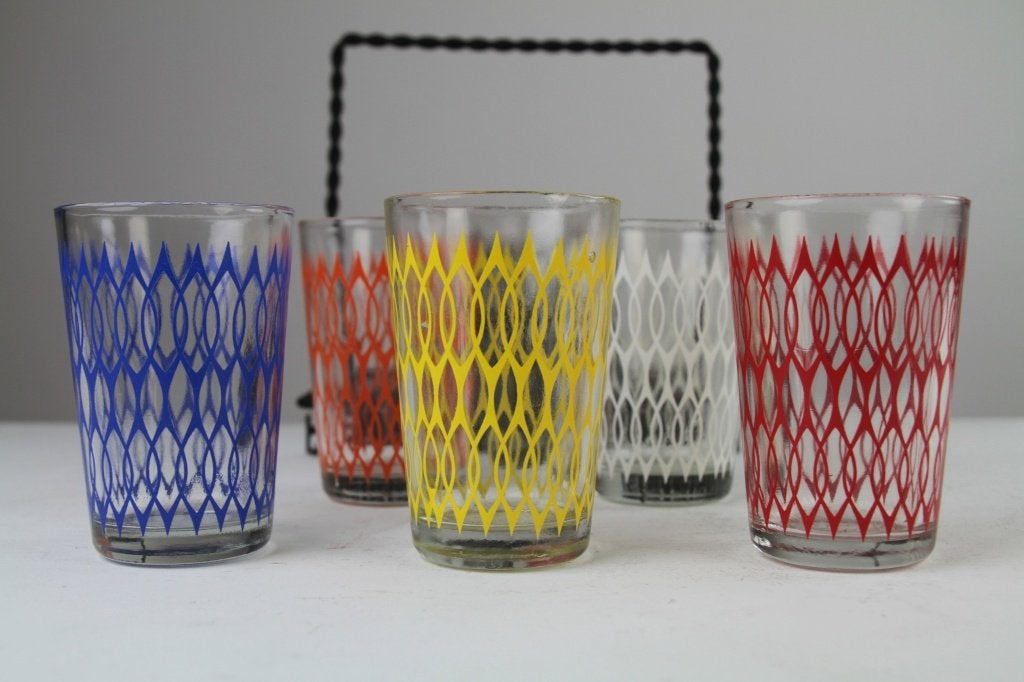 6 limonadeglazen in metalen houder — "Made in Holland", 1968, Glas of Glazen, Ophalen of Verzenden, Overige stijlen, Glas