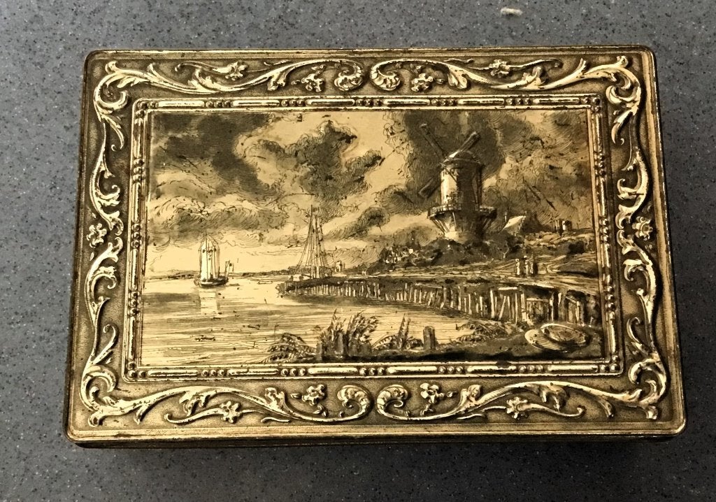 Vintage blik Jamin met reliëf windmolen Jacob van Ruisdael, Ophalen of Verzenden, Gebruikt, Koek(jes), Overige merken