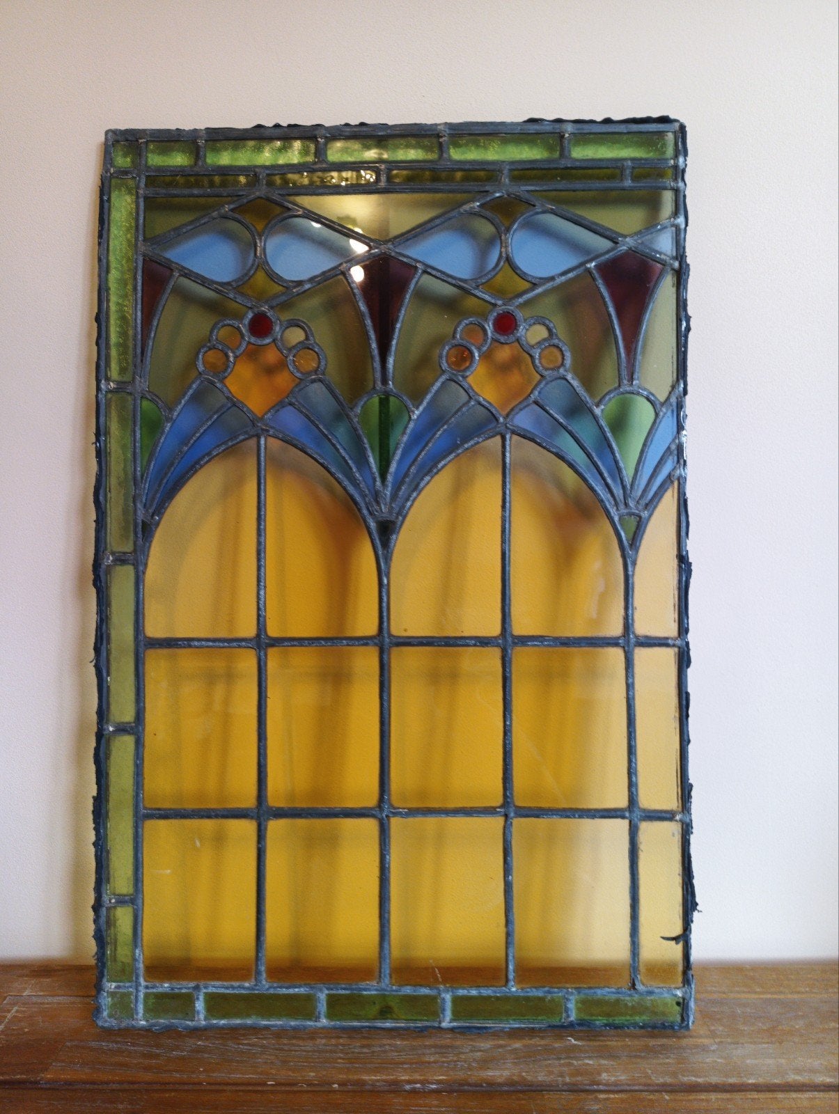 Antiek glas-in-lood paneel met geel en blauw glas, Ophalen