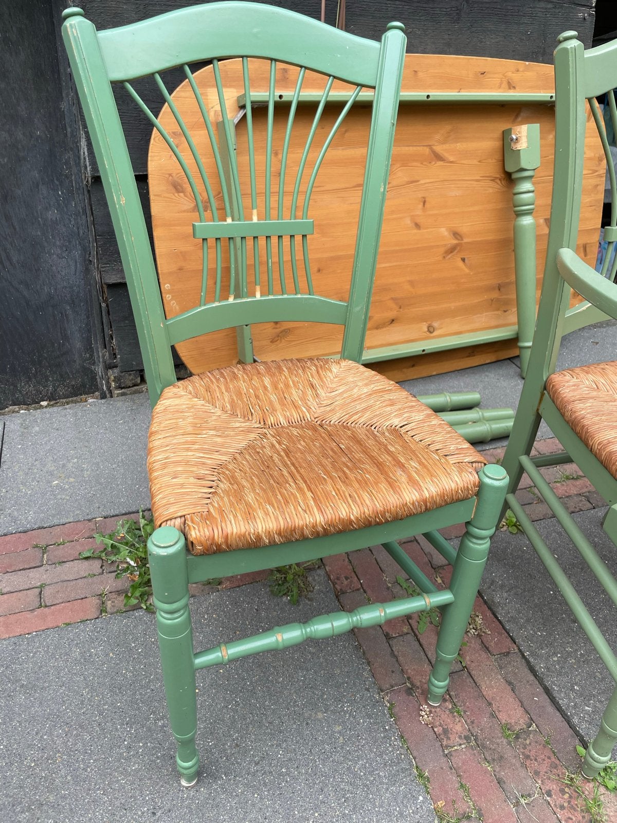 Eettafel met 3 stoelen - Groen met rieten zitting, Ophalen