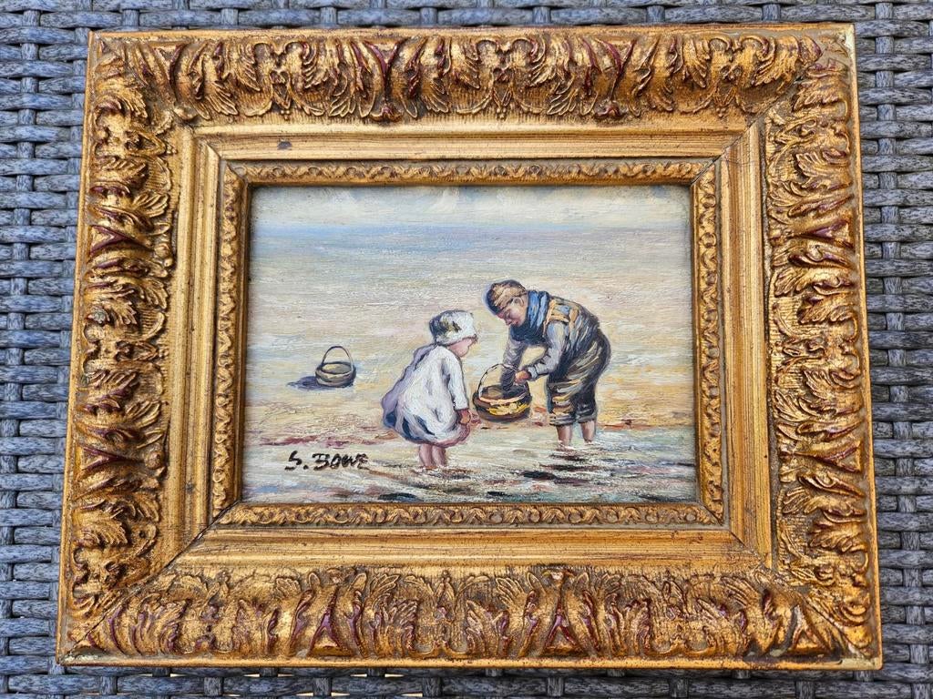 Olieverfschilderij 'Kinderen op het strand'  S. Bowe, Ophalen of Verzenden