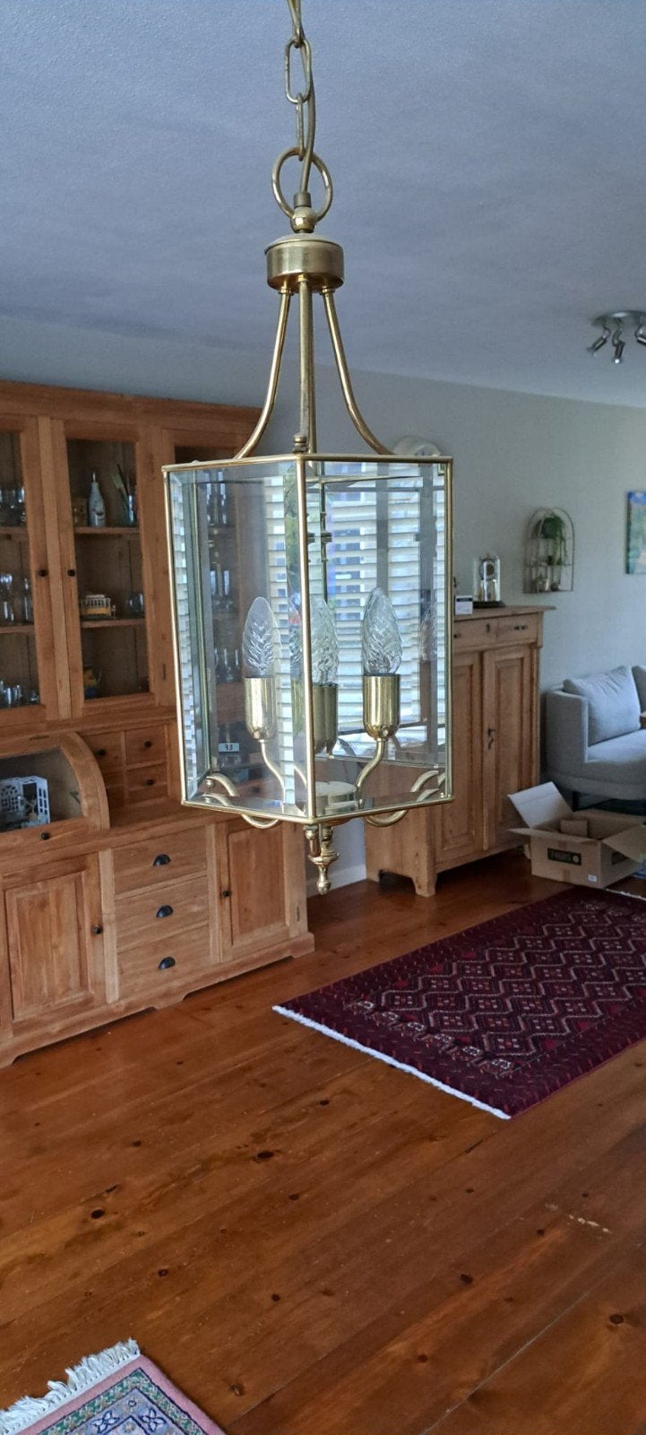 Bronzen hanglamp met geslepen glasruitjes, Ophalen, Gebruikt, Klassiek, E14 (klein)