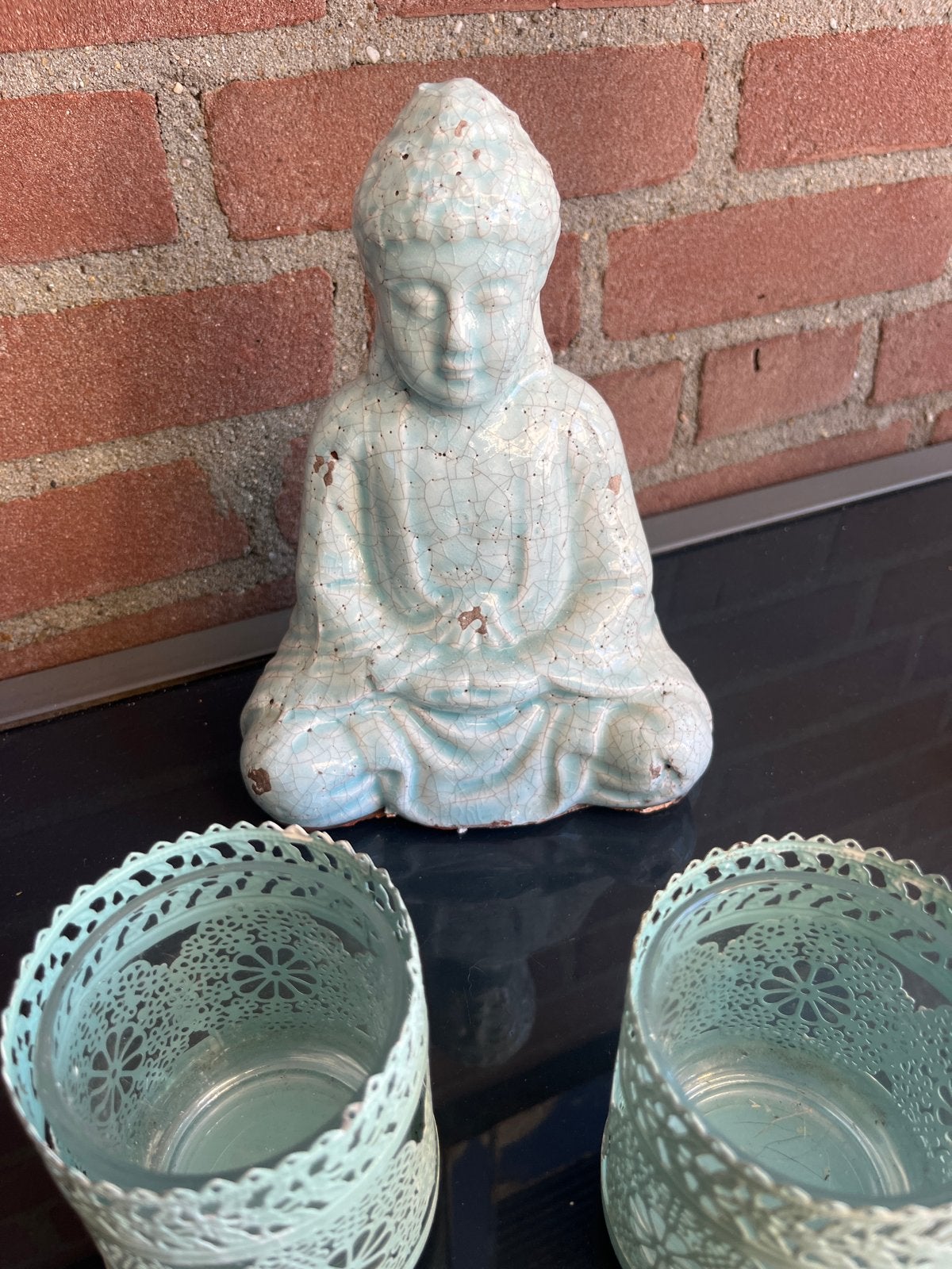 Boeddha beeldje van steen/keramiek, lichtblauw, Huis en Inrichting, Woonaccessoires | Boeddhabeelden, Ophalen of Verzenden, Gebruikt