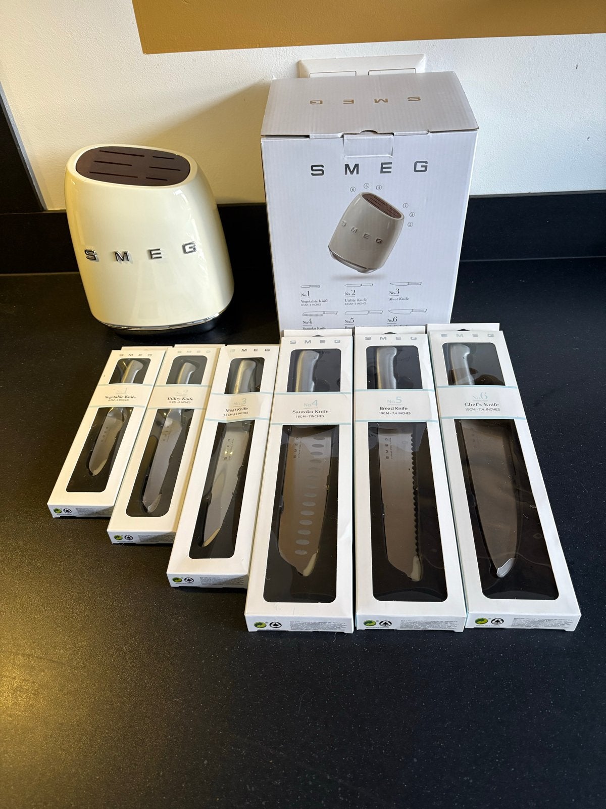 SMEG Messenblok met 6 messen - Nieuw in doos, Bestekset, Nieuw, Ophalen of Verzenden, Rvs of Chroom
