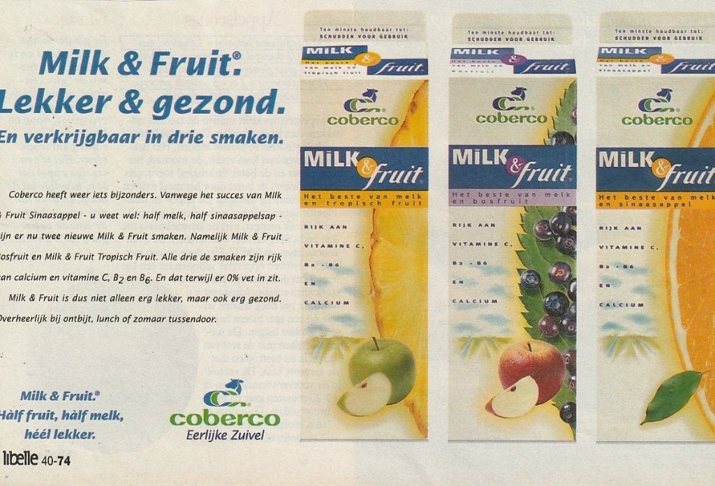 retro reclame 1996 Coberco zuivel drie pakken milk & fruit, Verzenden, Overige typen
