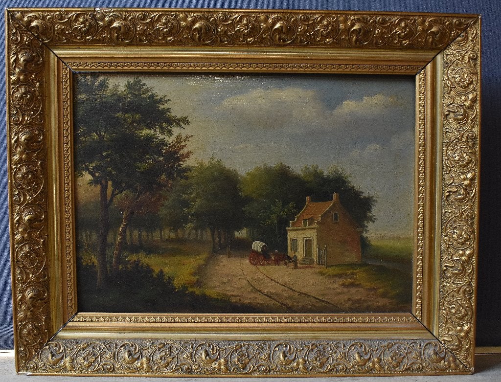 Romantisch landschap 19e 20e eeuw., Antiek en Kunst, Paneel, Verzenden, Landschap, Olieverf