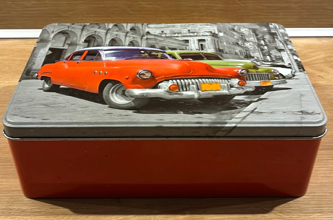 trommeltje met klassieke opdruk oldtimers, Ophalen of Verzenden, Zo goed als nieuw, Overige