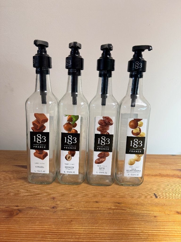 1 liter siroop flessen inc dispenser 6ml glas, Ophalen of Verzenden, Zo goed als nieuw