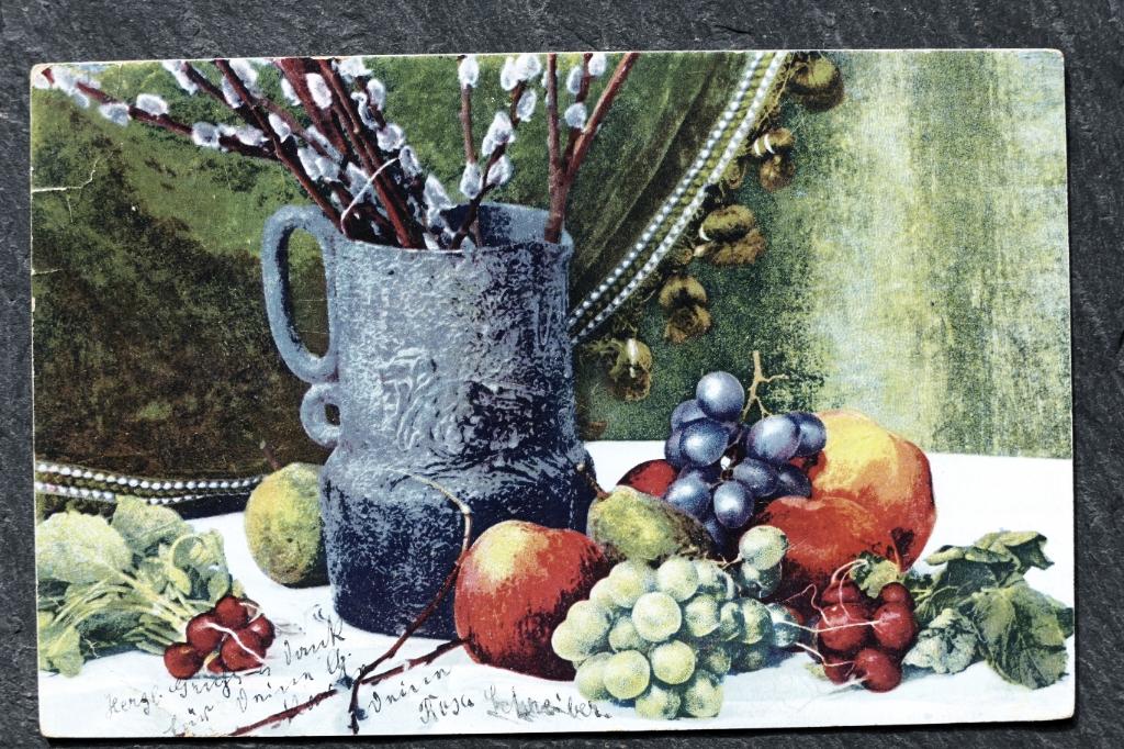 Stilleven Druiven, radijzen, appels, katjes in kan, 1905, Verzenden, Voor 1920, Gelopen, Natuur
