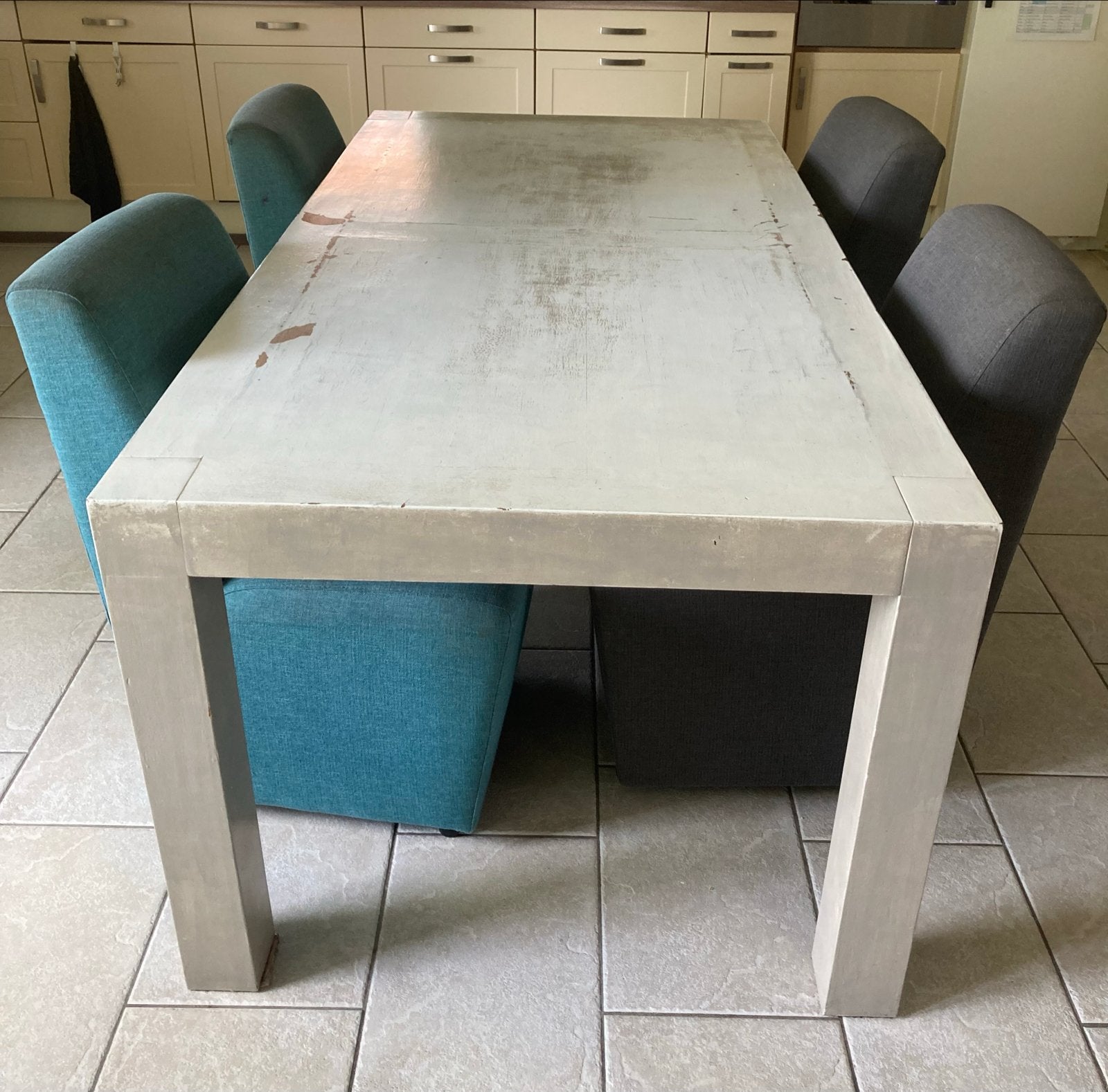Robuuste houten Eettafel 200x100 cm met 4 stoelen, Ophalen, Gebruikt, 50 tot 100 cm, 150 tot 200 cm