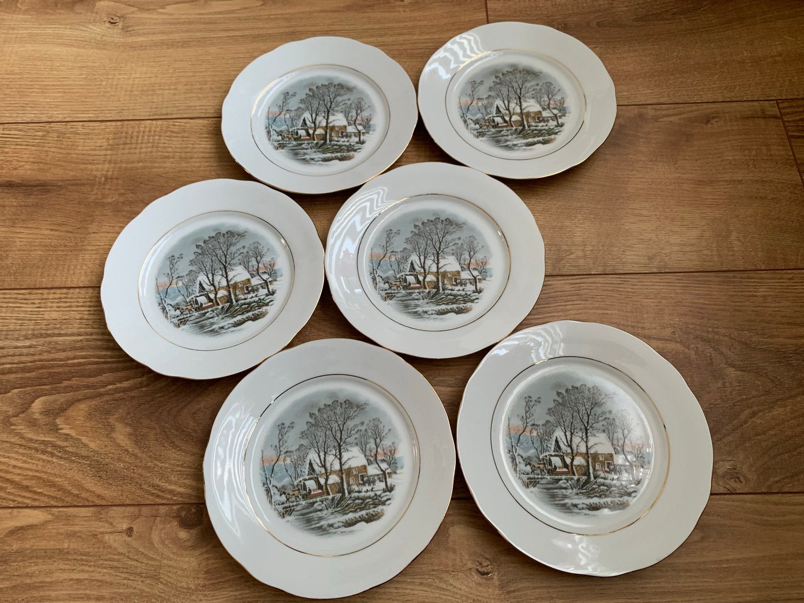 Set van 6 vintage Crown Bavaria Avon winter porselein borden, Ophalen of Verzenden, Zo goed als nieuw, Porselein, Bord(en)