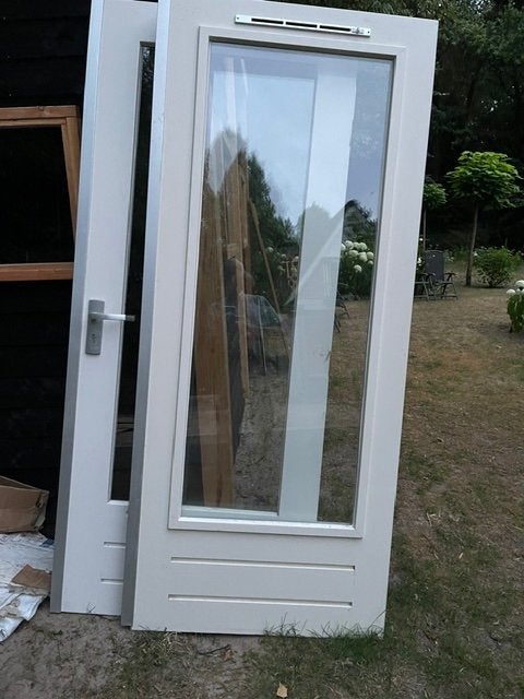 Mooi stel (2) hardhouten tuindeuren, Ophalen, 120 cm of meer, 200 tot 215 cm, Glas