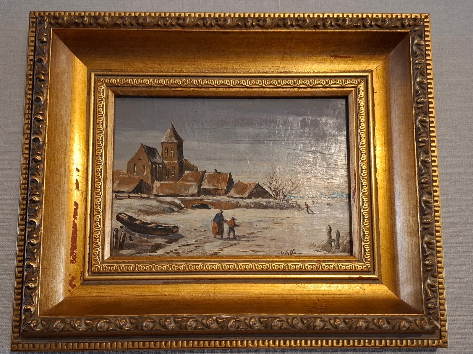 prachtig antiek schilderij verf op paneel winterlandschap, Ophalen of Verzenden