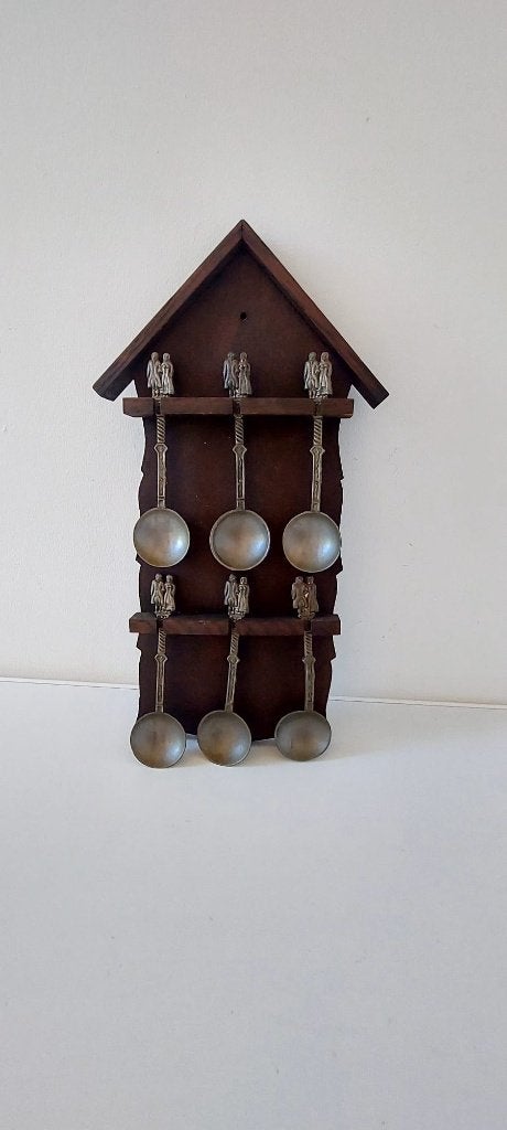 Vintage Holland houten lepelrek lepel rek 6 tinnen tin, Eu, 45 cm, Eu, Hout