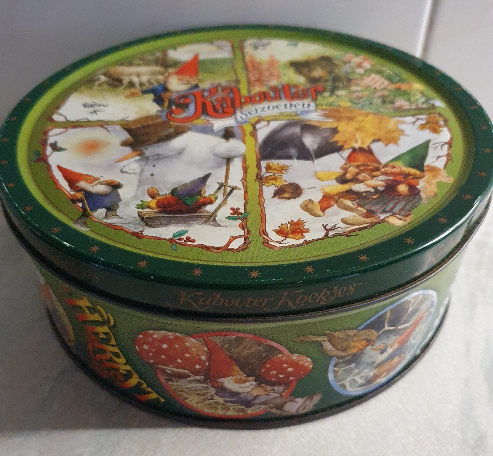 kabouter,  seizoenen koekjesblik, Rien Poortvliet, Verzamelen, Ophalen of Verzenden, Gebruikt, Koek(jes), Overige merken
