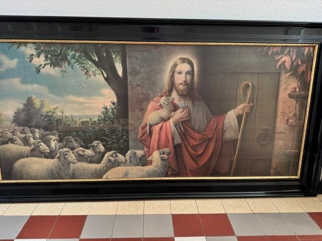 Religieuze wanddecoratie Jezus als de Goede herder met lijst, Antiek en Kunst, Antiek | Religie, Ophalen
