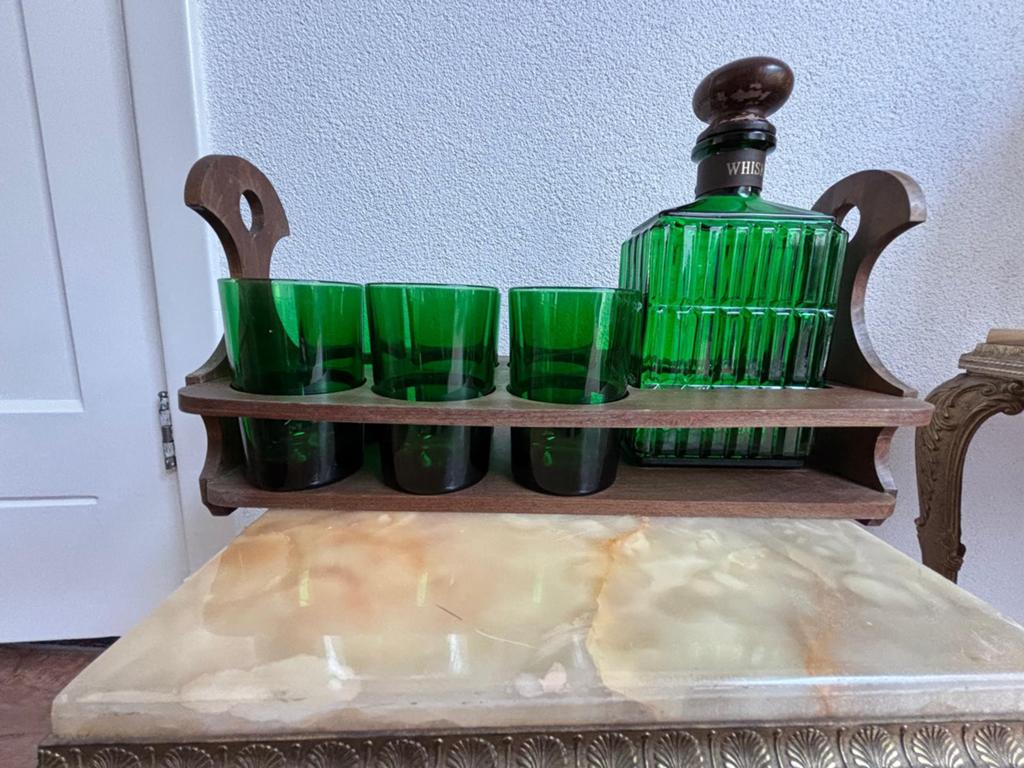 Whisky set, hout, glas, Frans, bar, brocante, vintage, Ophalen of Verzenden