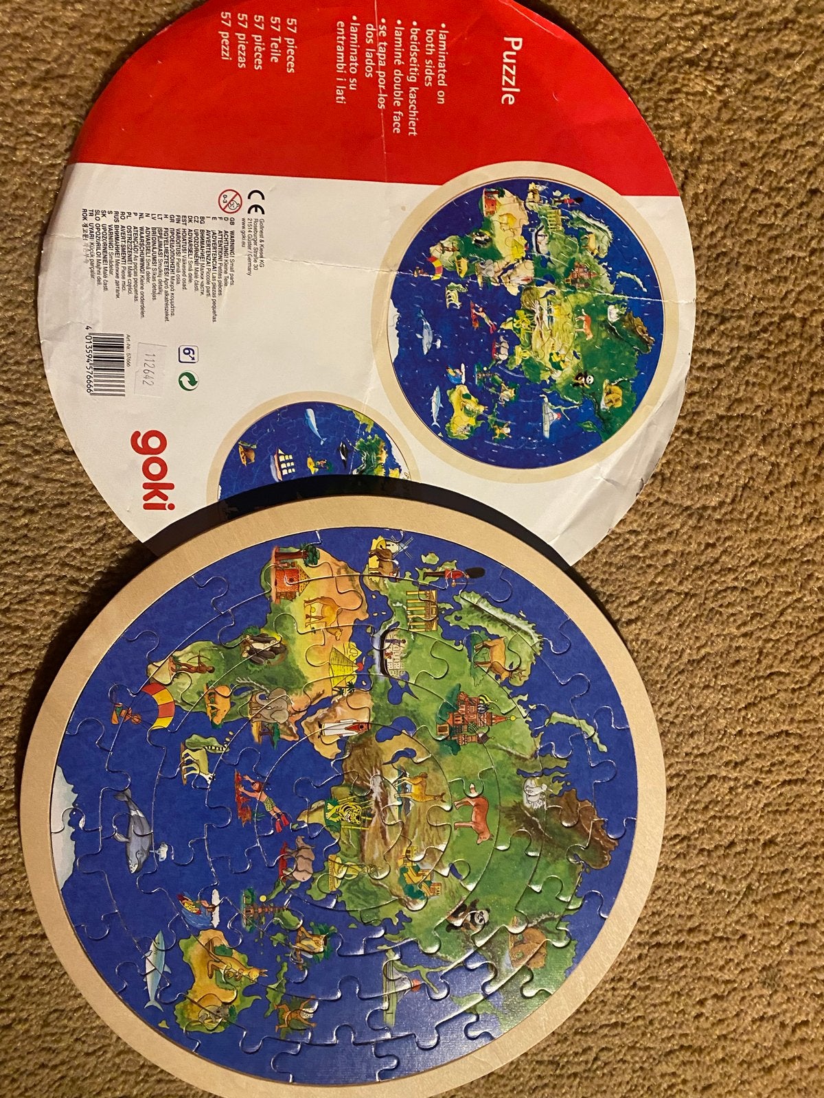 Goki Wereldkaart Puzzel 57 Stukjes - Zo goed als nieuw, 10 tot 50 stukjes, Ophalen of Verzenden, Zo goed als nieuw, Van hout