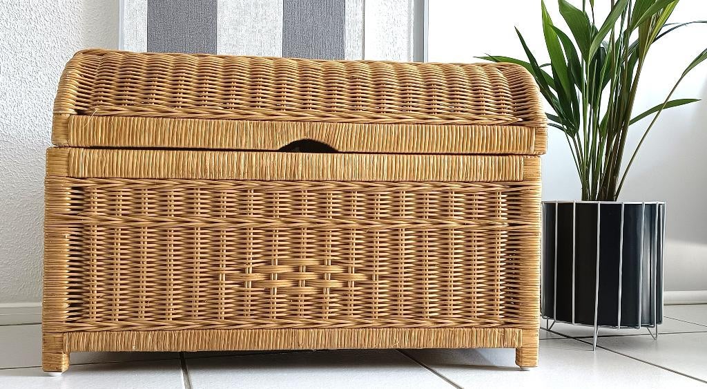 vintage opbergkist  scharnierend deksel - nartuurlijk rotan, Huis en Inrichting, Woonaccessoires | Schalen en Manden, Ophalen