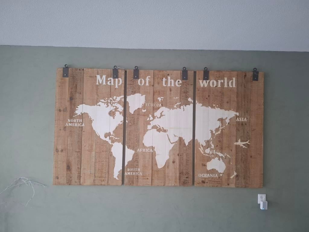 Houten 3-luik schilderij map of the world, Huis en Inrichting, Ophalen, Schilderij, 120 cm, 74 cm