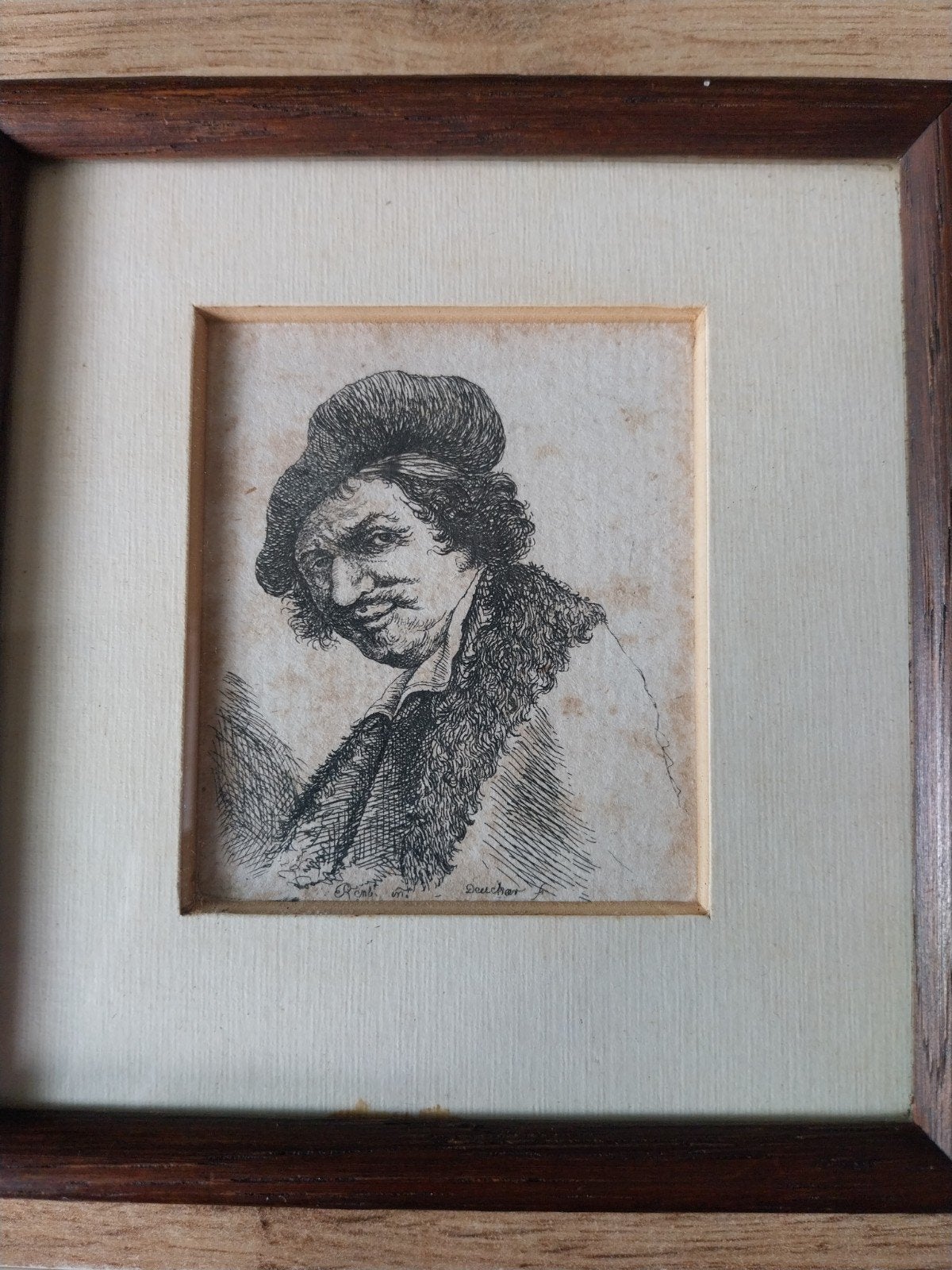 Ets naar Rembrandt: Portret van man met muts en bontkraag, Ingelijst, Ets, Portret, Ophalen of Verzenden