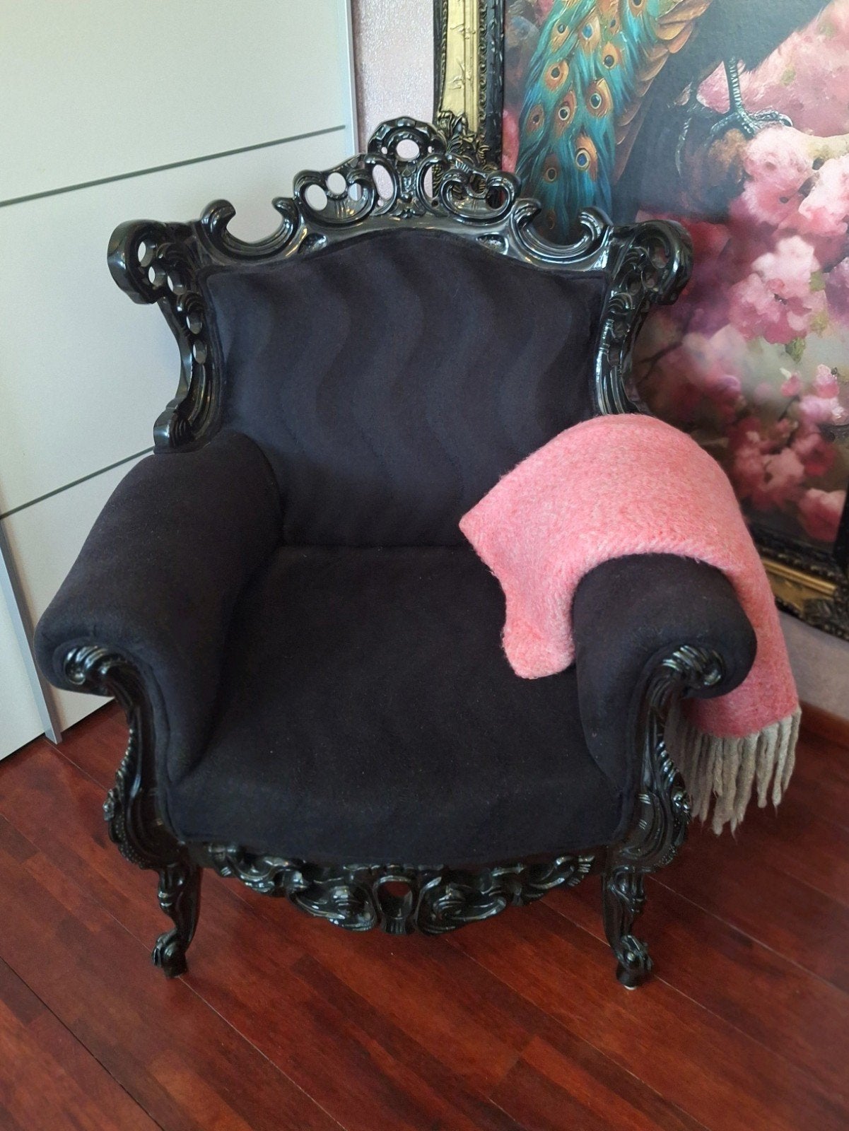 Mooie Zwarte Barok Fauteuil Houtsnijwerk / Bankje, Ophalen, 75 tot 100 cm, 50 tot 75 cm
