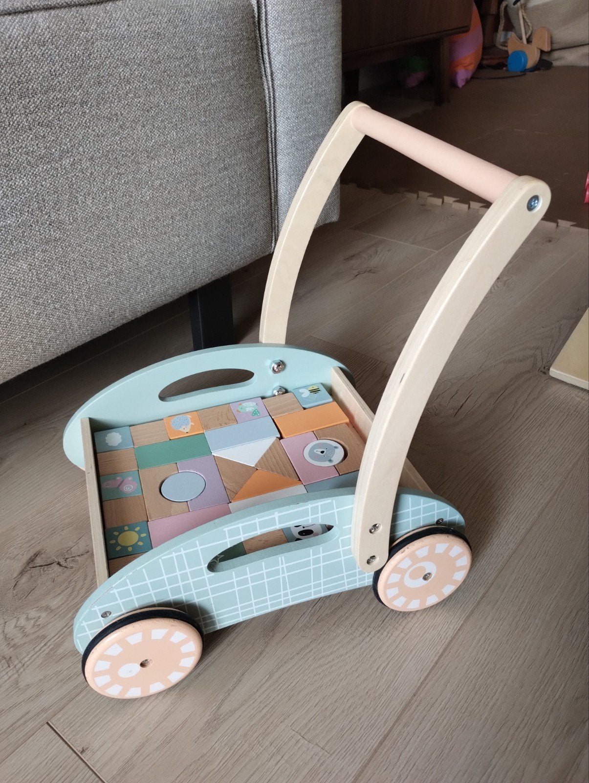 Houten loopwagen met blokken, Ophalen, Gebruikt, Duw- of Trekspeelgoed