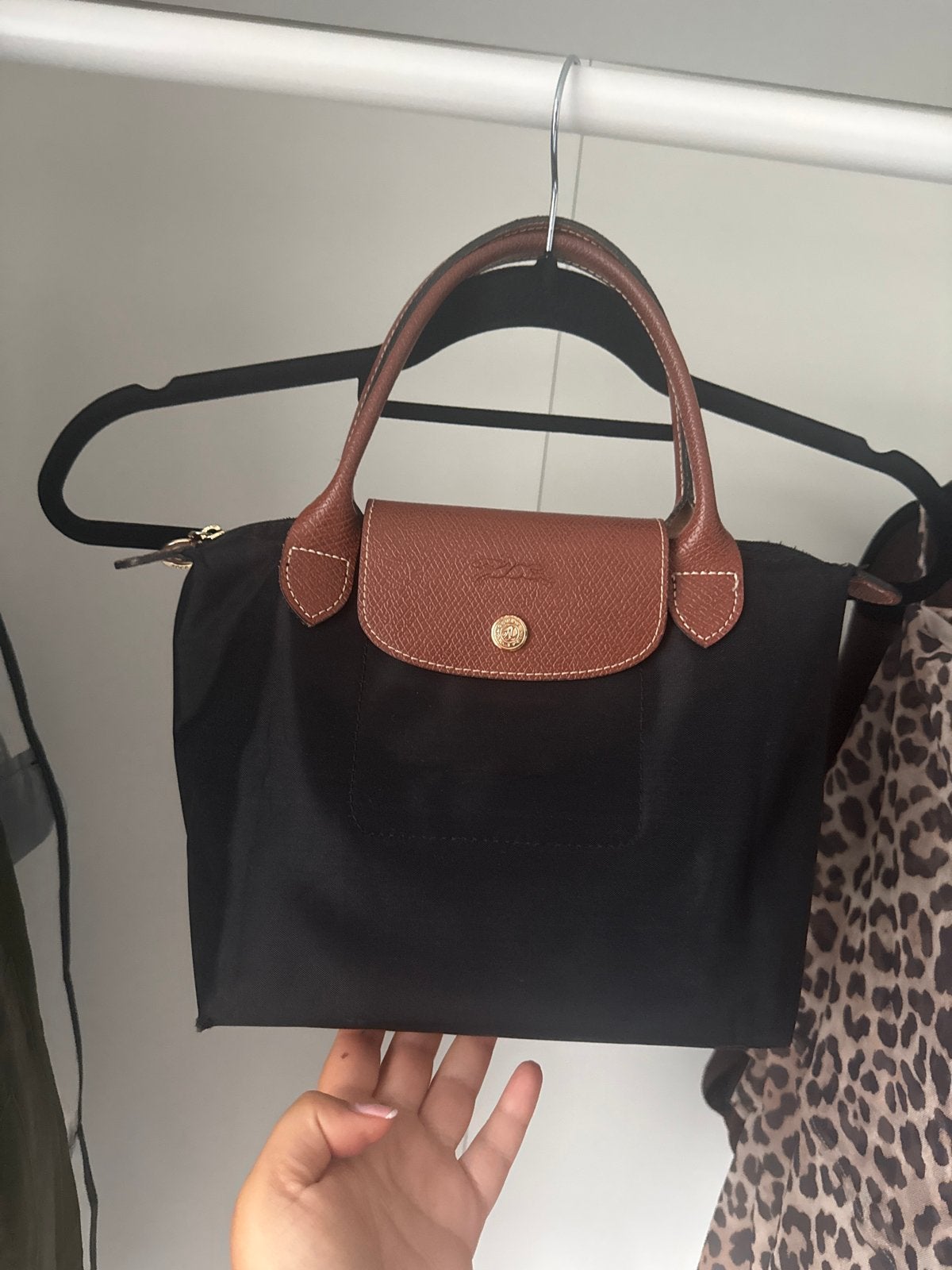 Longchamp Le Pliage handtas zwart met bruine details, Ophalen of Verzenden, Zo goed als nieuw, Zwart, Handtas