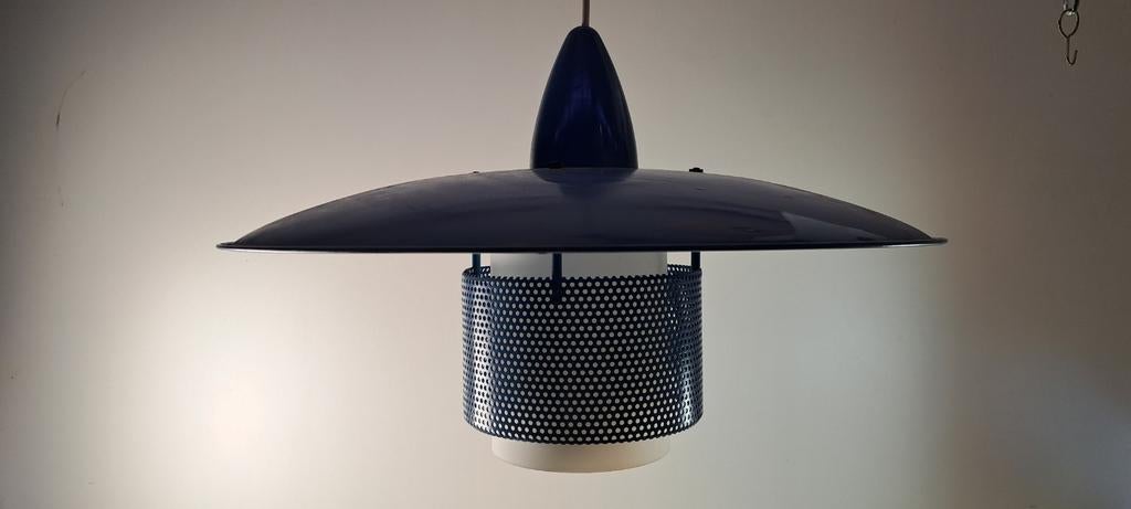 Vintage hanglamp blauw - Melkglas, metaal, kunststof, Ophalen of Verzenden, Gebruikt, Glas, Vintage, Retro