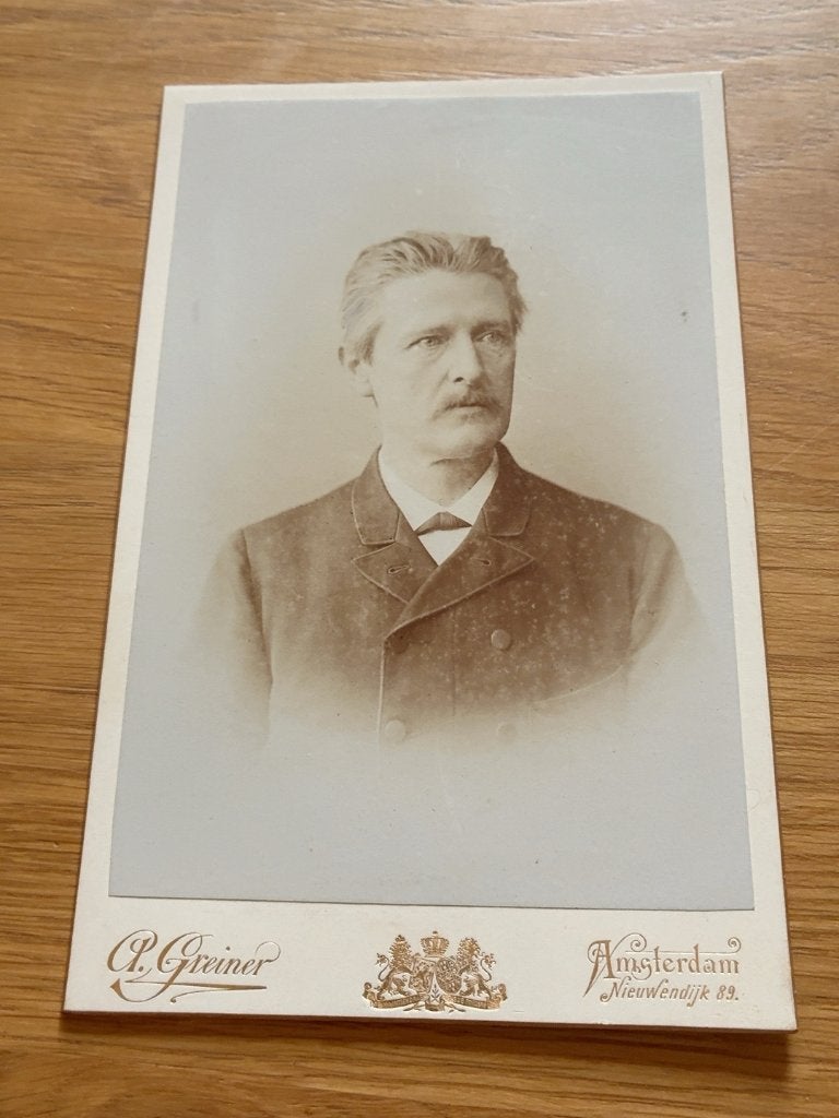 Antieke kabinetfoto Ds. De Vries – A. Greiner Amsterdam 19e, Gebruikt, Verzenden, Foto, Voor 1940