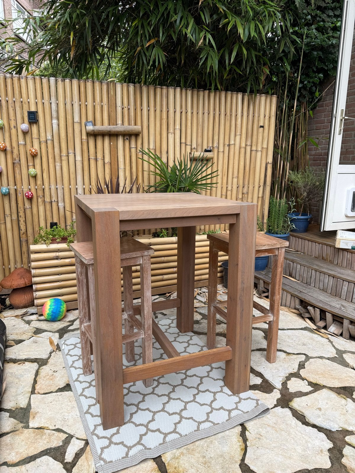 Massief eiken bartafel met 2 barkrukken, Ophalen, Gebruikt, Inclusief barstoelen