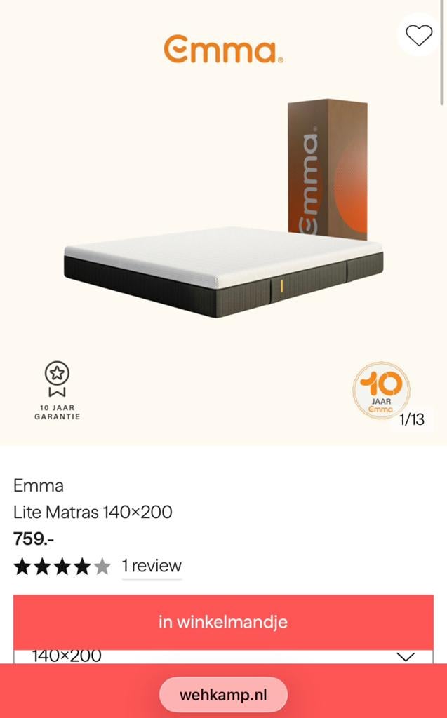 Emma Lite Matras 140x200. Nieuw met, Ophalen, 140 cm, Matras, 200 cm