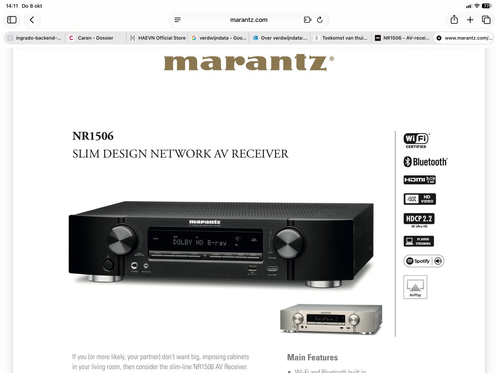 Marantz 1506 incl Dali oberon on wall, Ophalen of Verzenden, Zo goed als nieuw, 60 tot 120 watt, Marantz