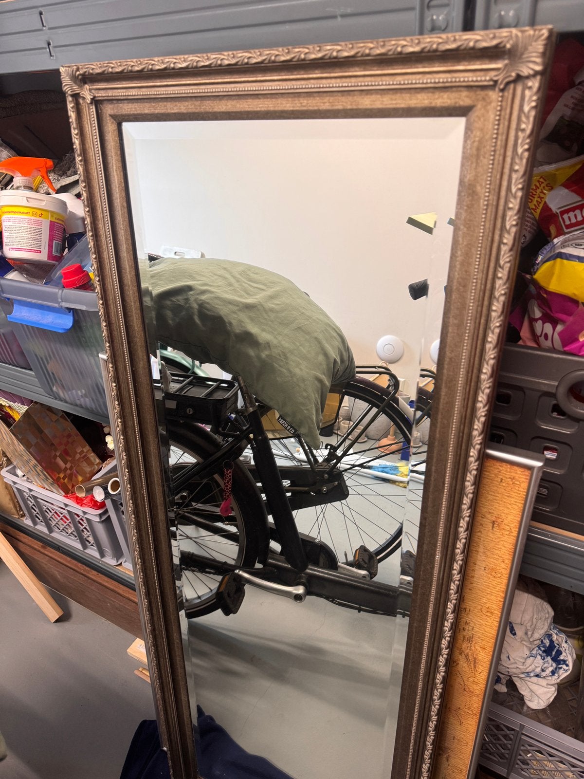 Brocante spiegel - netjes brons/ goud achtig, Ophalen, Gebruikt, Minder dan 100 cm, Rechthoekig