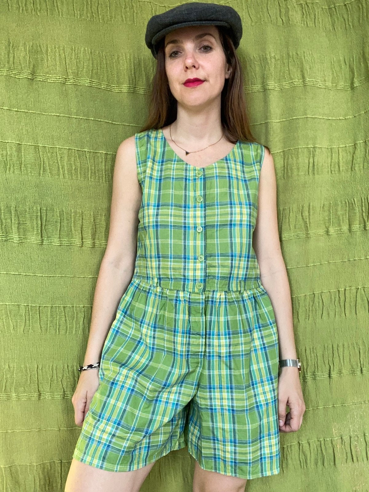 Vintage playsuit - groen geruit - katoen 42/44 of oversized, Hgv, Hgv, Maat 42/44 (L), Ophalen of Verzenden