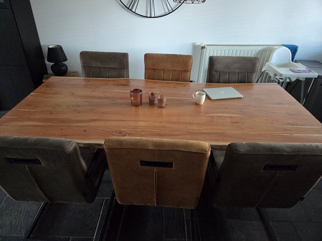 Acacia houten eettafel met 6 stoelen, Ophalen, Overige materialen, Gebruikt, 200 cm of meer