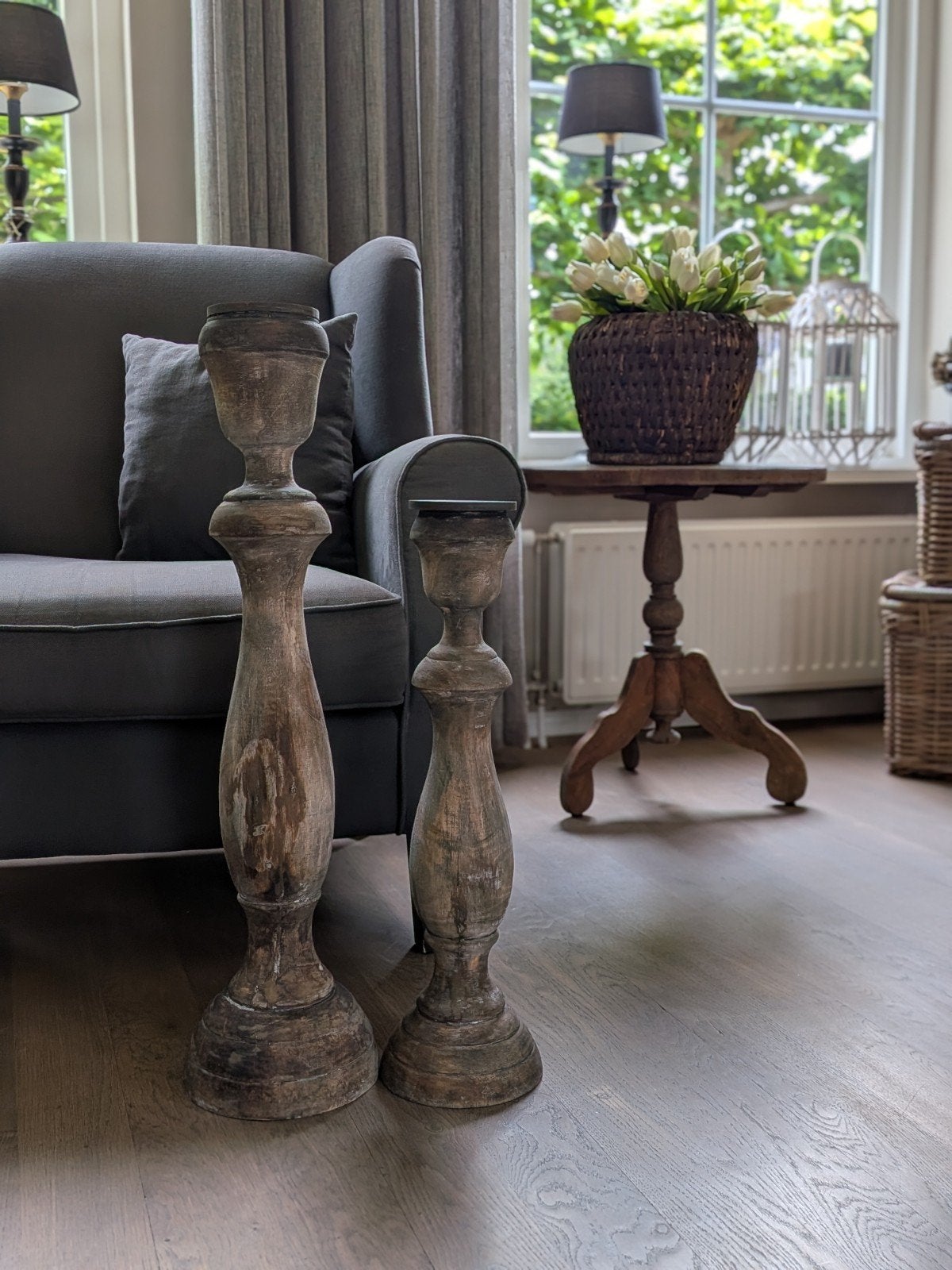 Dikke houten kandelaars.  doorleefd#stoer#landelijk, Ophalen, Hout, 50 tot 75 cm