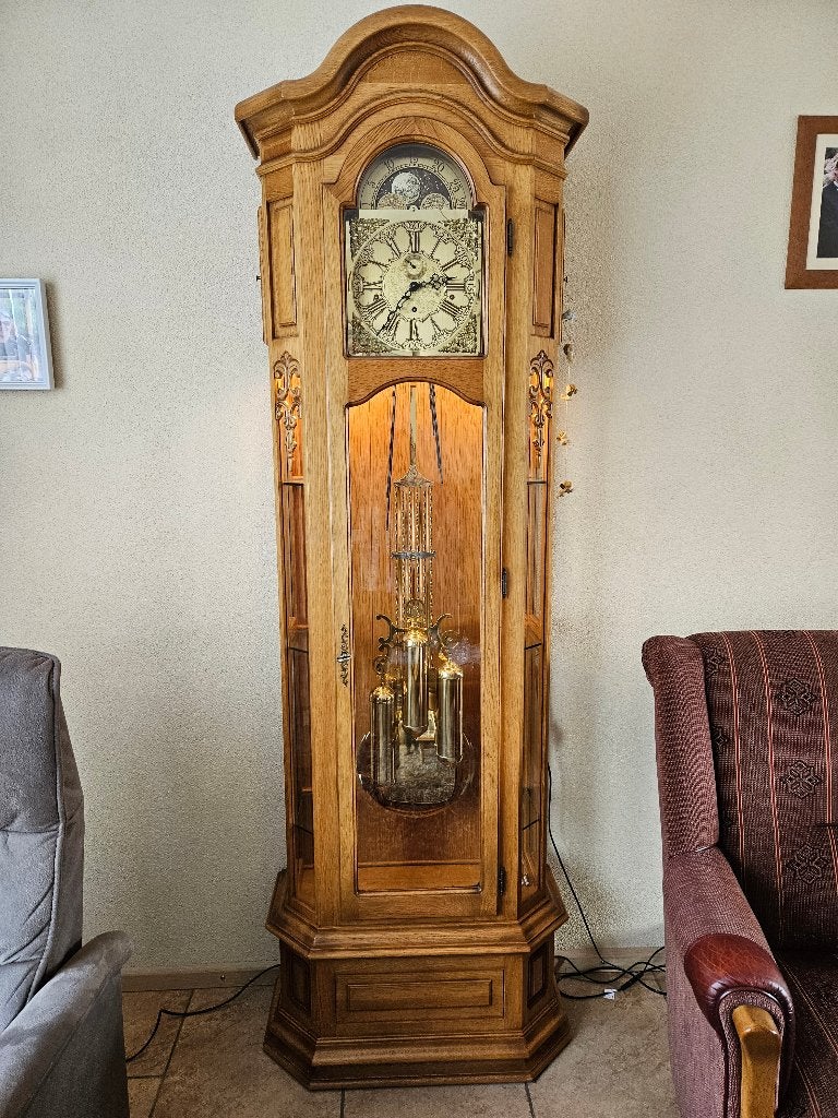 Mooie blank eiken staande klok/vitrinekast van Interclock, Ophalen, Zo goed als nieuw, Analoog, Staande klok