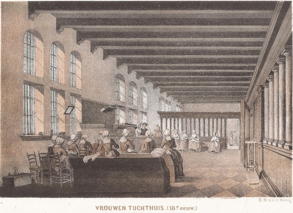 Vrouwentuchthuis (18e eeuw) Interieur v.h Spinhuis Amsterdam, Antiek en Kunst, Kunst | Etsen en Gravures, Origineel, 1800 - 1899