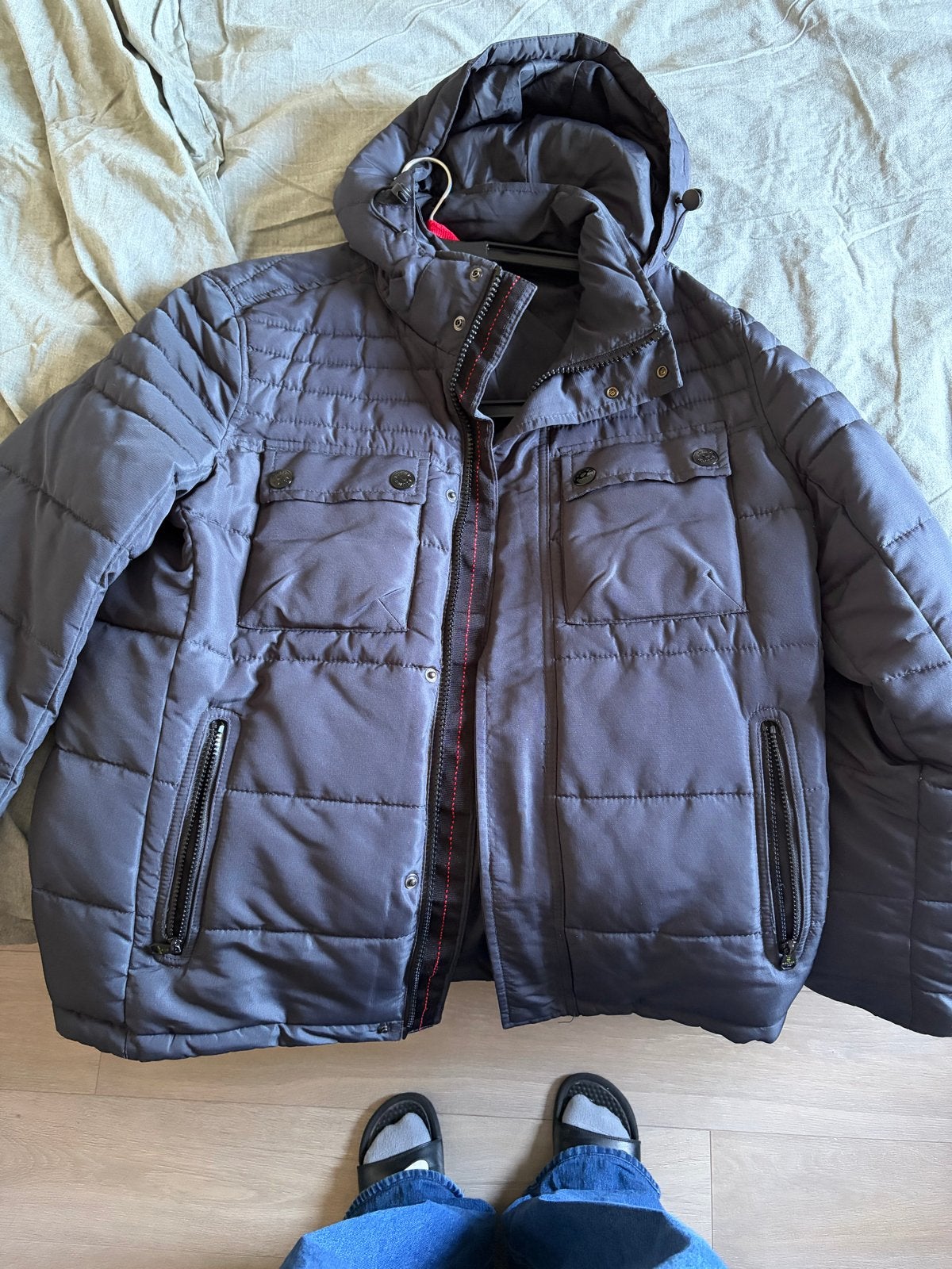 s.Oliver Men’s Hooded Puffer Jacket – Size L- Navy Blue, Ophalen of Verzenden, Zo goed als nieuw, Maat 52/54 (L), Blauw