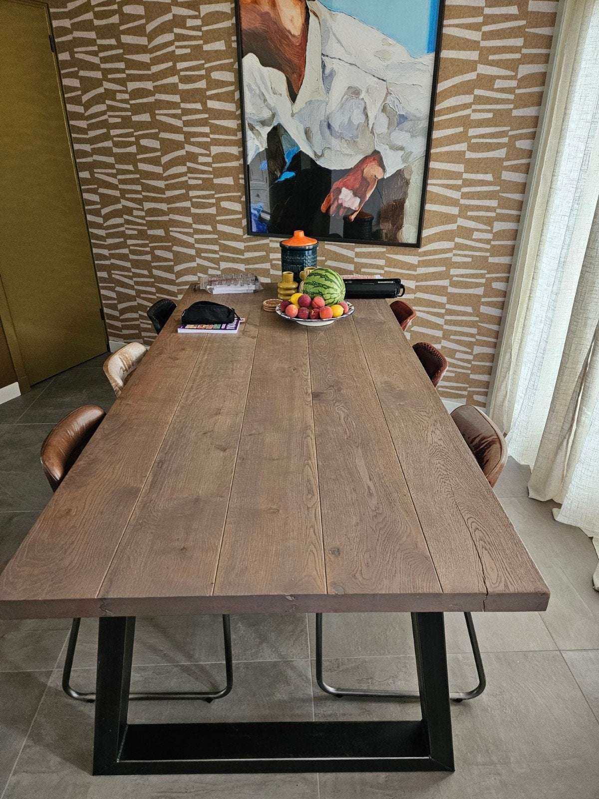 Mooie robuste tafels. Met 6 leren stoelen., Ophalen, Gebruikt, Rechthoekig, 50 tot 100 cm