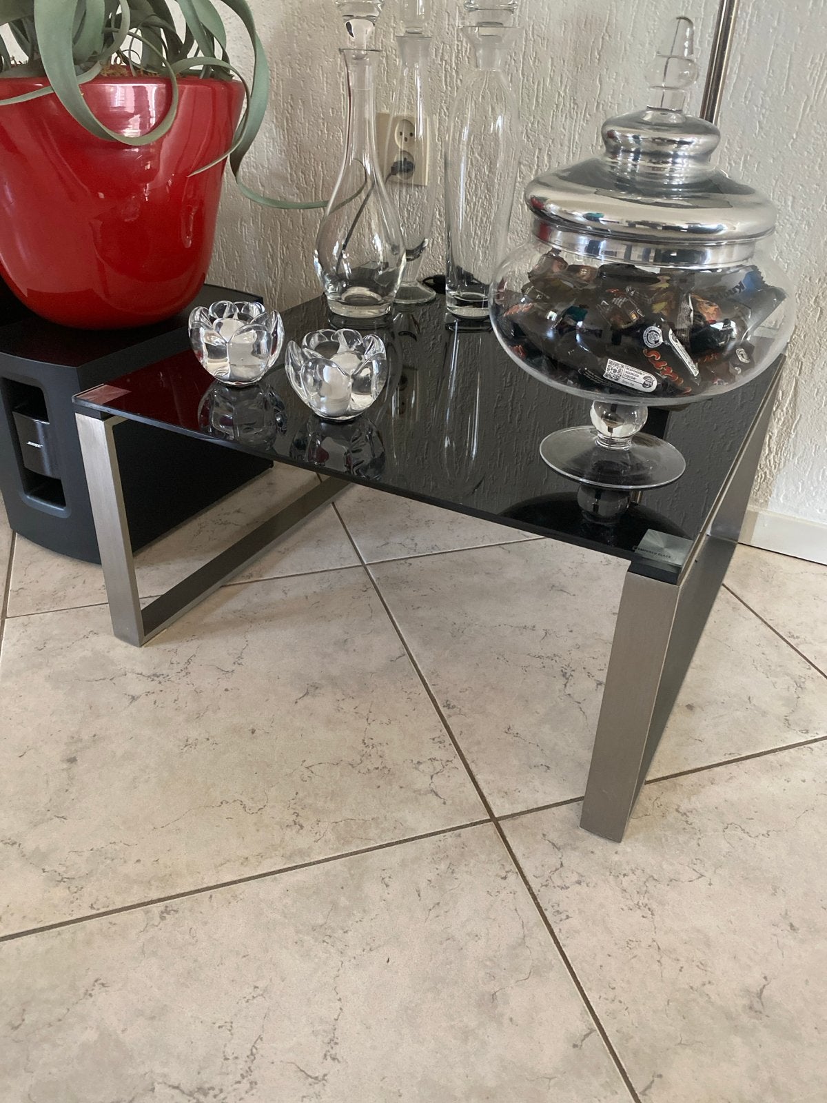 Modern bijzettafeltje glas en RVS (30x60x60 cm), Ophalen, Minder dan 45 cm, Gebruikt, Vierkant